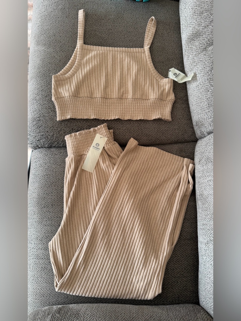 NWT Mono B Ribbed Two-Piece Set | Smocked Crop Top & Wide Leg Pants | Tan